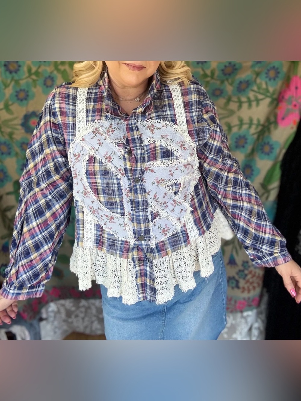 POL Plaid Patchwork Lace-Trim Jean Jacket - Blue Multi - Picture 3 of 4